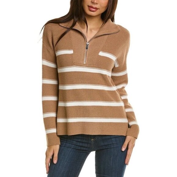 NWT Laundry by Shelli Segal Half-Zip Striped Sweater Size Medium Brown & White - Picture 1 of 8